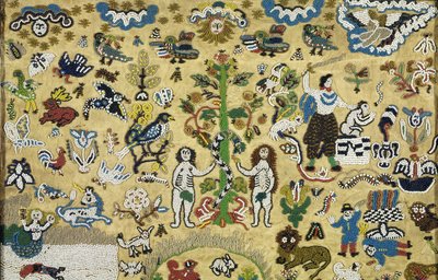Beadwork Picture: Fall of Man; Cain and Abel; Sacrifice of Isaac; surrounded by Animals from the Garden of Eden by Unknown